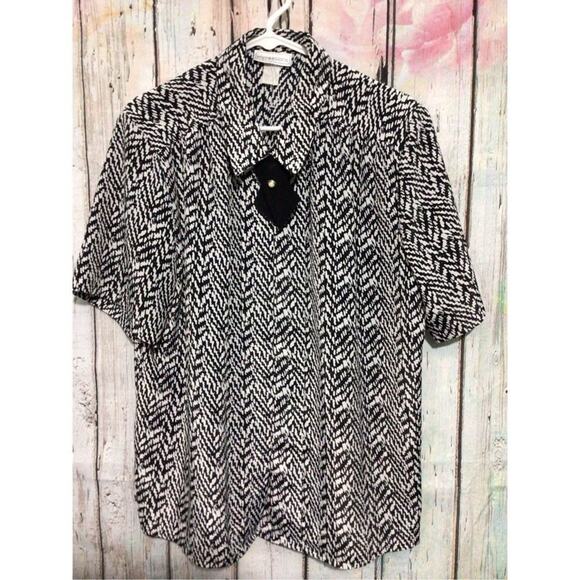 Impressions of California Black & White Blouse Tie Accent Pearl Button Size 16 ❤ - Picture 11 of 12